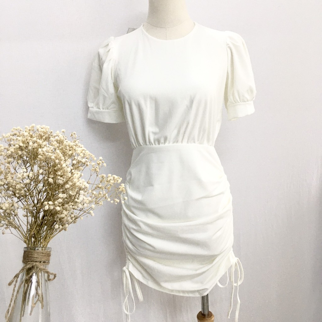 Đầm body dây rút hở eo tay bo phồng