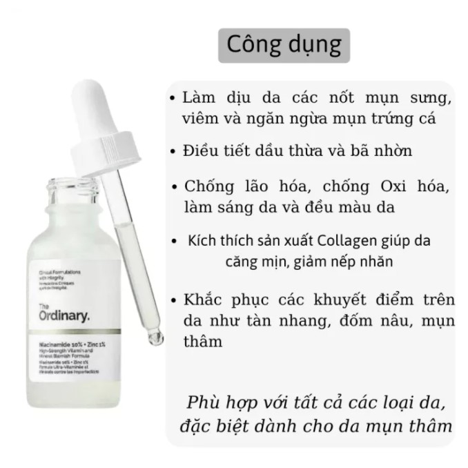 The Ordinary Niacinamide 10% + Zinc 1%, Tinh chất giảm mụn, Thâm, Tàn Nhang, Se Khít Lỗ Chân Lông 30ml Vala Store