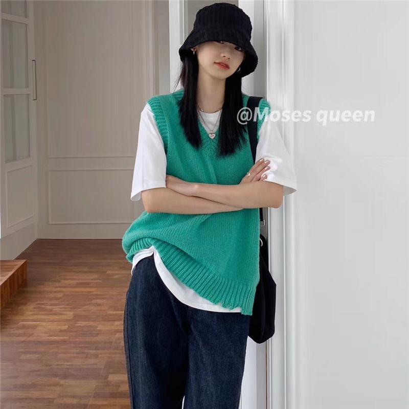 Áo Len Nữ Cộc Tay Cổ Chữ V Thời Trang Hàn