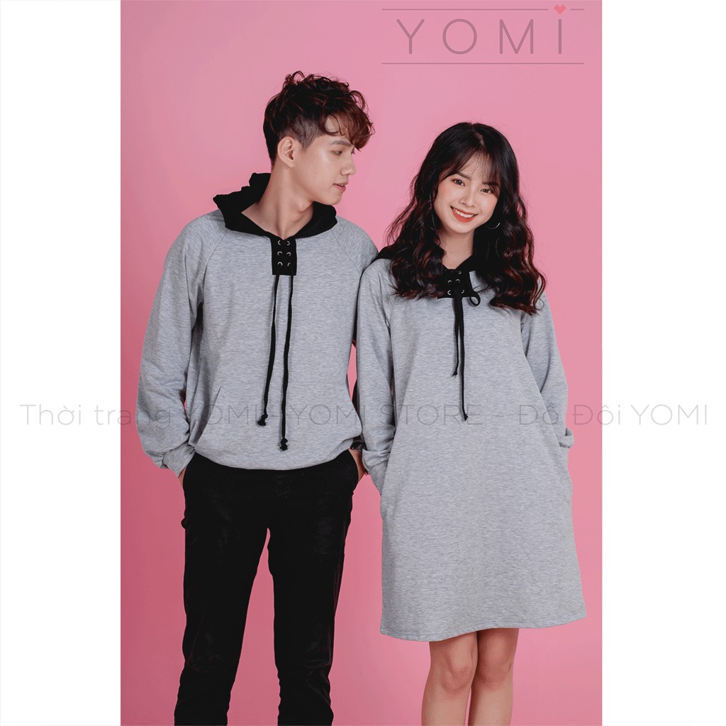 Váy áo đôi thu đông, váy áo hoodie xám, đồ đôi thiết kế cho các cặp đôi phong cách Hàn Quốc