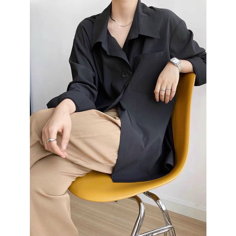 Áo Sơ Mi Trơn Form Rộng Có Túi Tay Dài