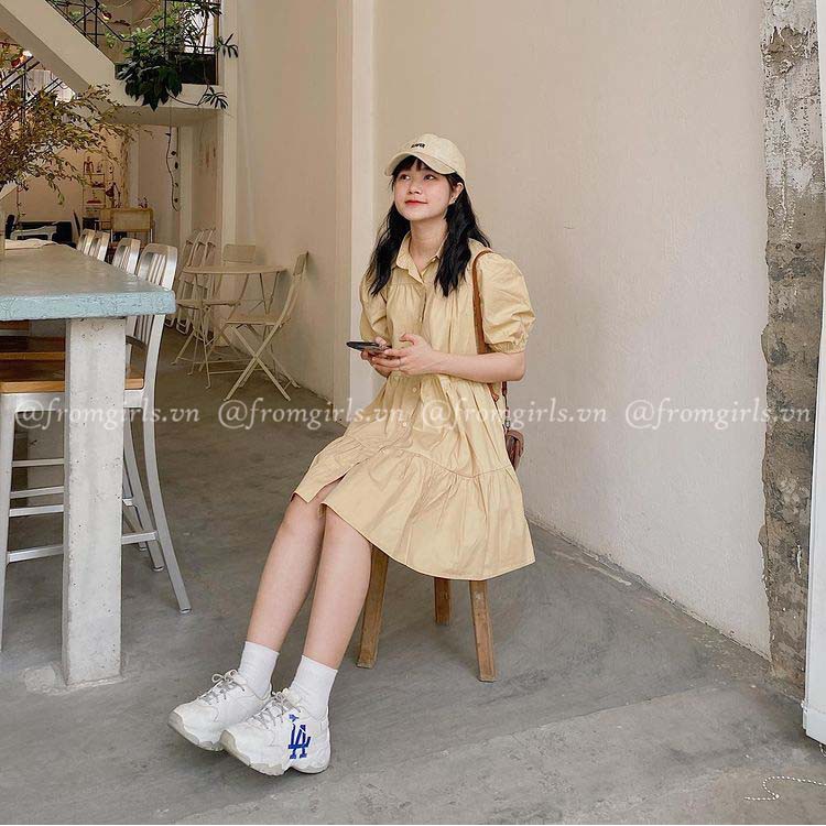 Váy babydoll sơ mi ba tầng, đầm sơ mi babydoll xòe tay phồng có cổ - V18G BROWN