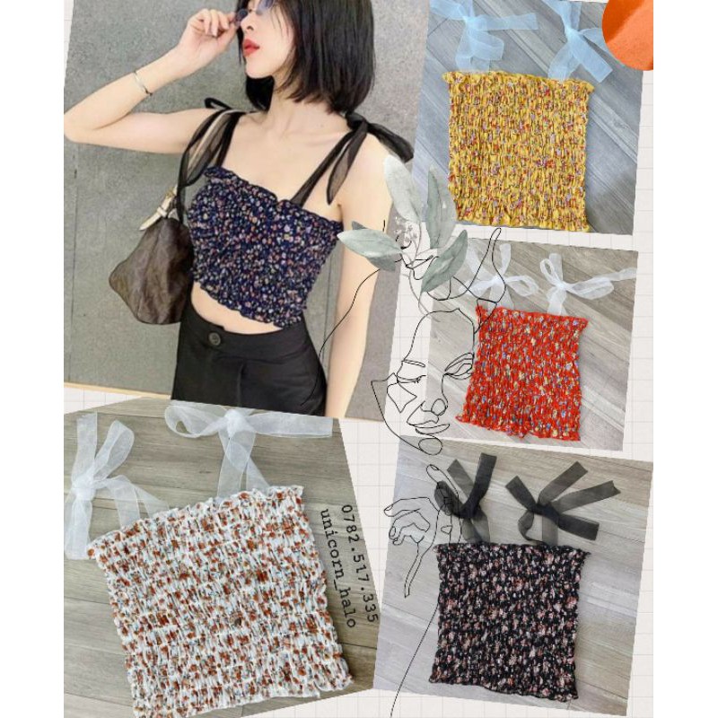 Áo Nhún 2 Dây Hoa Nhí Croptop Ôm Hai Dây Voan Nữ Kiểu Màu Trắng/Đen/Xanh Đen/Đỏ/Vàng DRACR01 | BigBuy360 - bigbuy360.vn