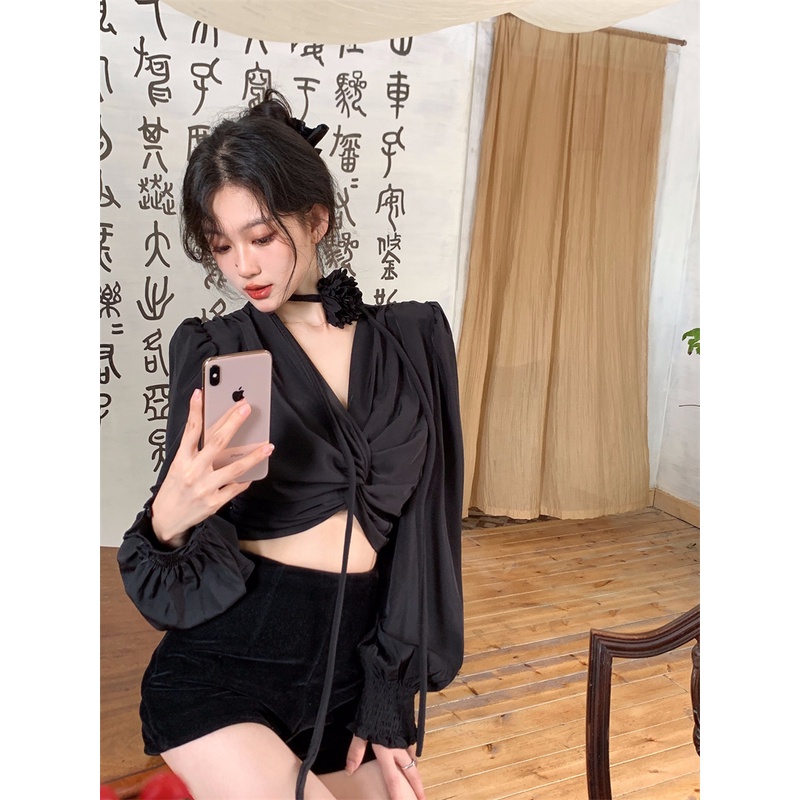 Áo Hoa Tay Phồng Cổ Chữ V Thời Trang Quyến Rũ Cho Nữ