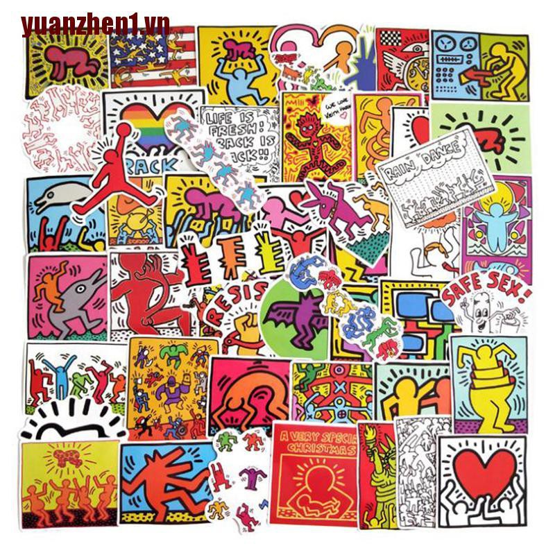 Set 1 / 50 Sticker Keith Haring Chống Thấm Nước Dùng Trang Trí Ván Trượt / Guitar / Laptop