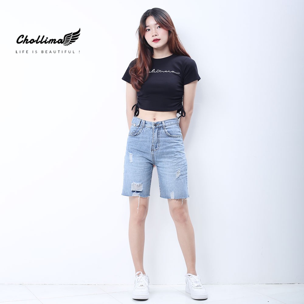 Quần ngố jeans nữ Chollima đắp túi nhỏ có nắp tua lai phong cách trẻ trung sành điệu QS023