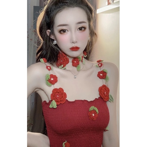 Áo Nàng thơ hoa mẫu đơn len móc handmade dáng lửng dành cho bạn gái