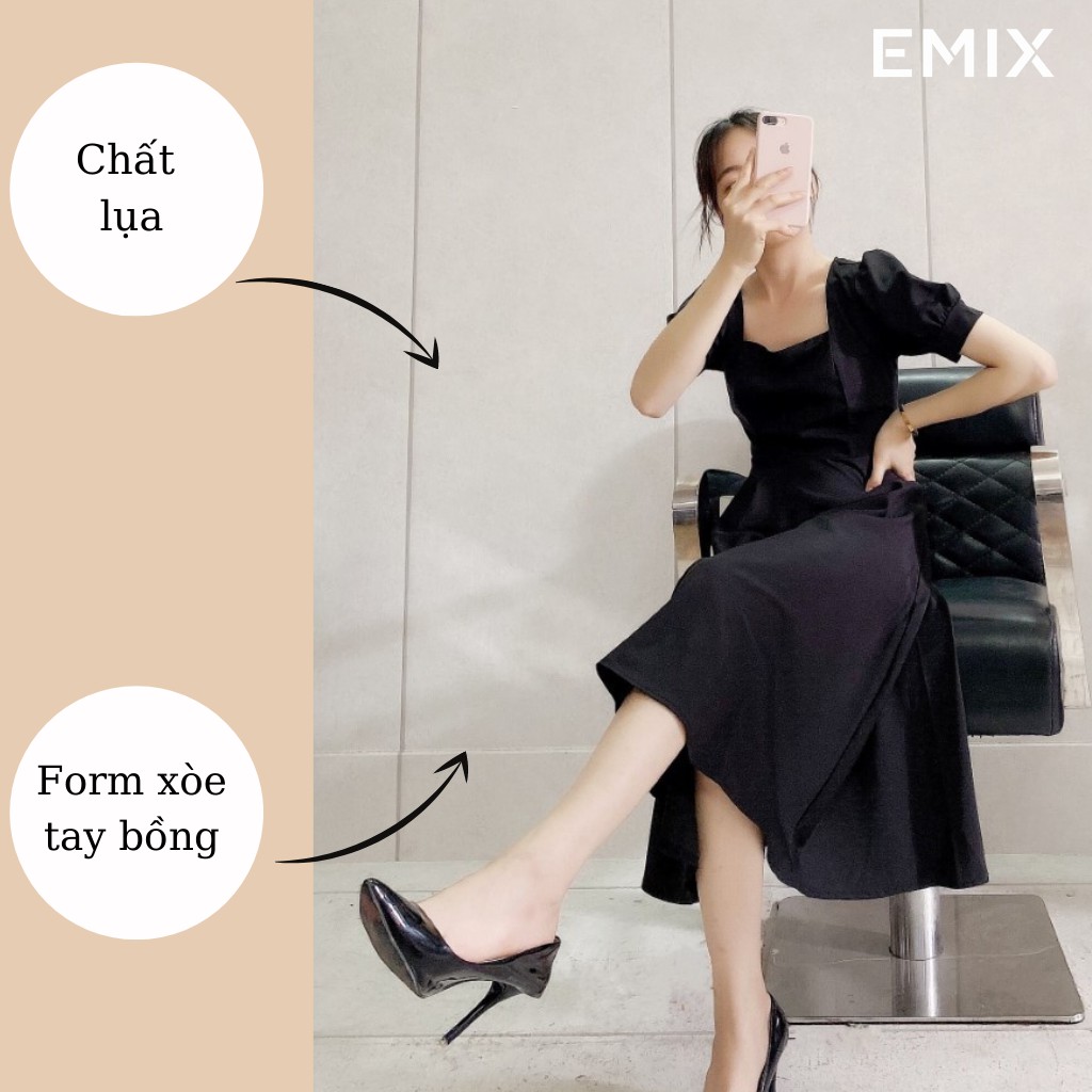 Đầm công sở nữ cổ vuông EMIX (3 màu), cộc tay, tay bồng, chất lụa nhẹ cao cấp, ít nhăn, không bai màu, không lộ