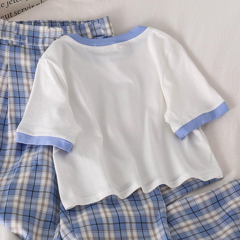 Set Áo Thun Ngắn Tay + Quần Dài Sọc Caro Thời Trang Cho Bé Gái