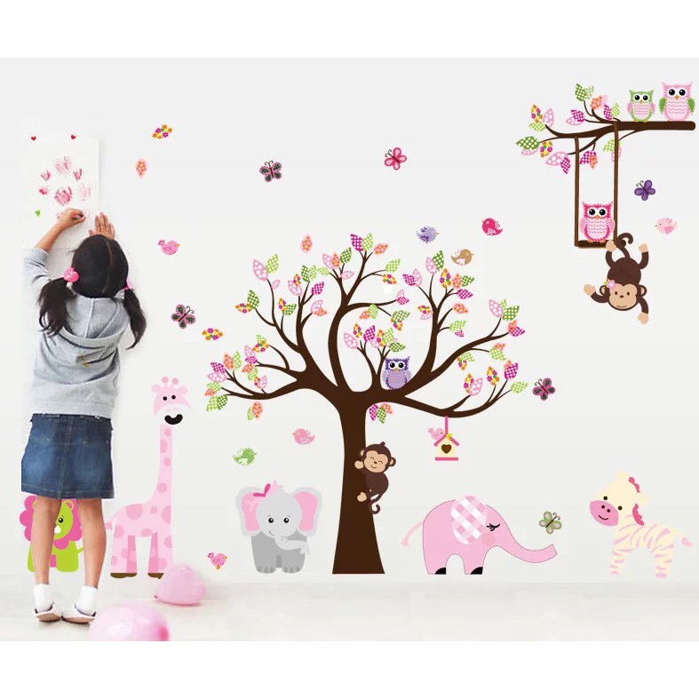 Decal trang trí tường Cây và Thú hồng cho Bé ( cao cấp )