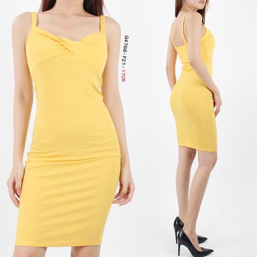 Q4766 - Đầm thun gân F21 2 dây, xoắn ngực, trơn