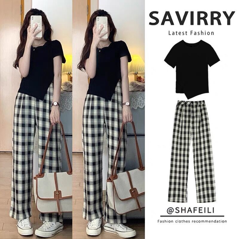 Set đồ 2 món gồm áo kẻ sọc ngang và quần dài ống rộng phong cách Nhật Bản thời trang mùa hè 2022 cho nữ