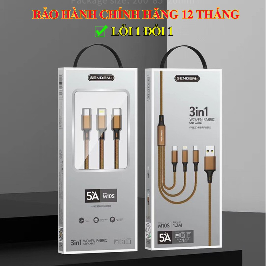 Cáp sạc 3 đầu M10s chính hãng SENDEM - Dây sạc 3 chân iPhone, Micro, Type C siêu bền - Bảo hành 12 tháng