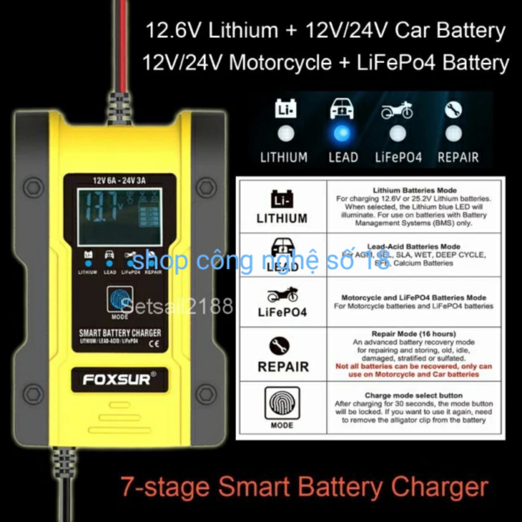 Bộ sạc Foxsur sạc pin Lithium ion 18650, LiFePO4 pin sắt 32650, ắc quy axít chì 12V(6A) 24V(3A) 6Ah - 120AH bộ sạc ô tô