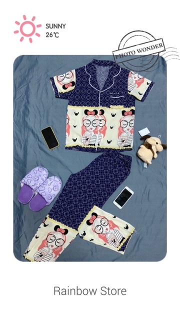 ⛔️[SALE SIÊU HOT] ⛔️ Bộ ngủ pijama chất vải lụa satin cao cấp hoạ tiết cô gái ( tay cộc, quần dài ).