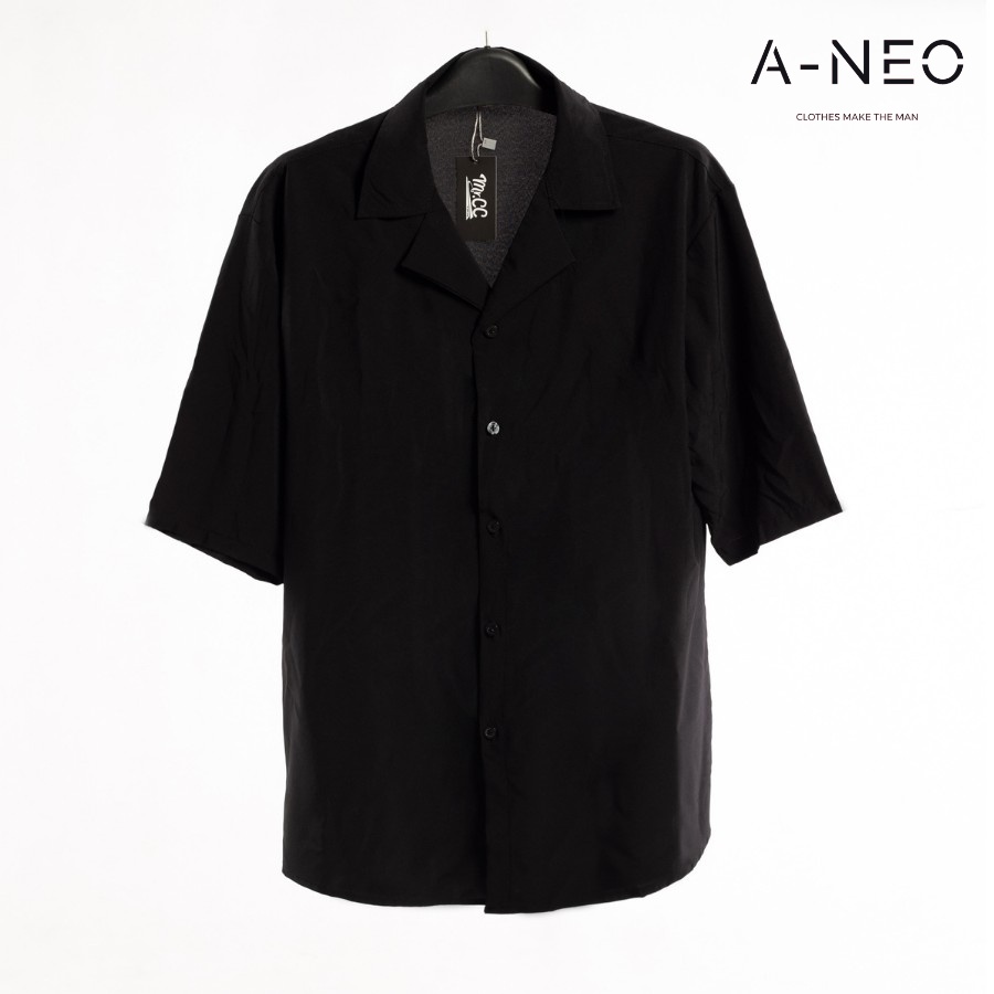 Áo Sơ Mi Nam A-NEO trơn ngắn tay vải Lụa thoáng mát, thấm hút, không nhăn chuẩn form màu Đen | BigBuy360 - bigbuy360.vn