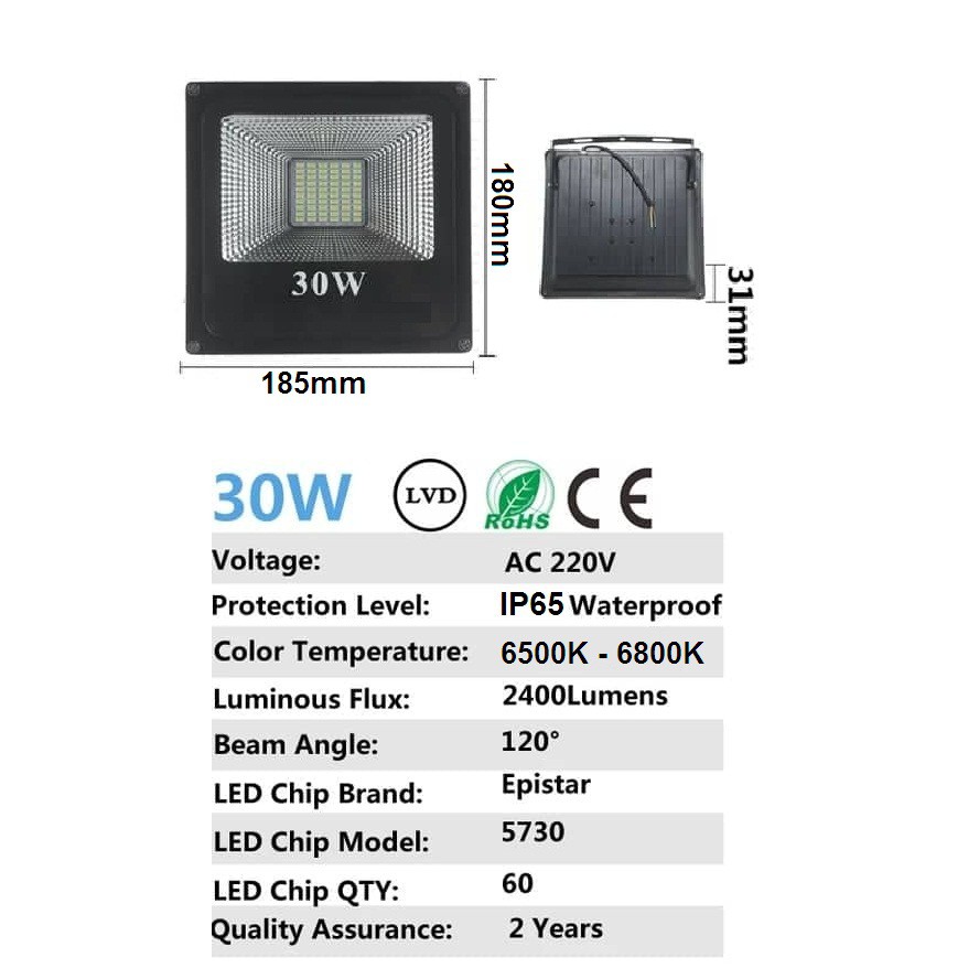Đèn pha LED 30W ánh sáng trắng - chip SMD - chống nước - chóa kim cương hiệu suất cao - bảo hành 1 năm