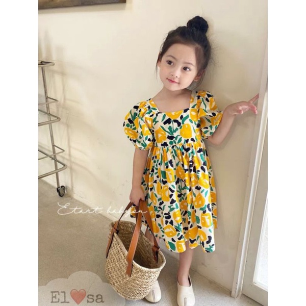 Váy hè bé gái - Váy hoa 2 màu đan dây chéo sau lưng tay bồng siêu xinh cho bé 1-5 Tuổi