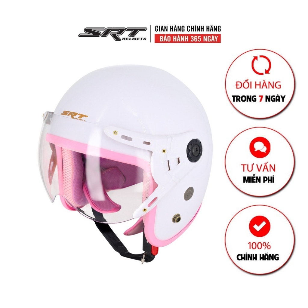 [Mã BMBAU50 giảm 7% đơn 99K] Mũ bảo hiểm 3/4 kính liền SRT màu trắng lót hồng viềng hồng