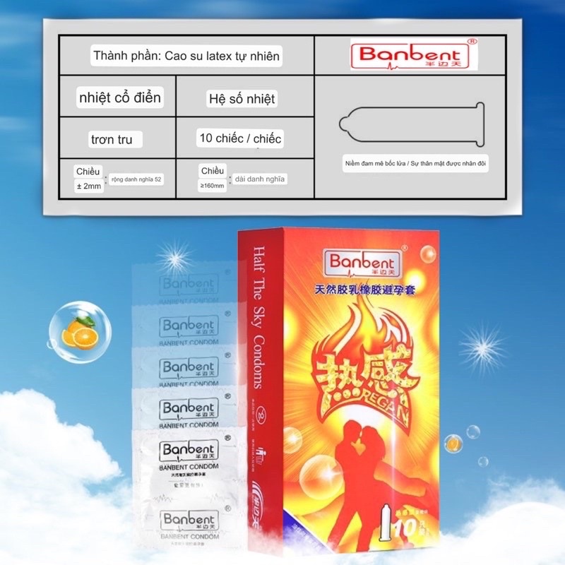 Bao cao su BANBENT Regan 0.01 siêu mỏng, nhiều gel, truyền nhiệt, cảm giác chân thật, hương cam, Hộp 10 bcs quà tặng kèm