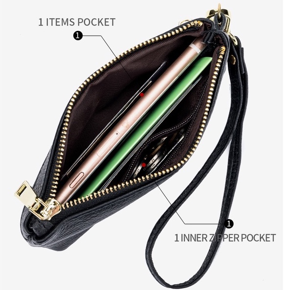 Ví Cầm Tay Mini Bằng Da Thật Có Khóa Kéo Thời Trang Phong Cách Hàn Quốc Cho Nam Và Nữ