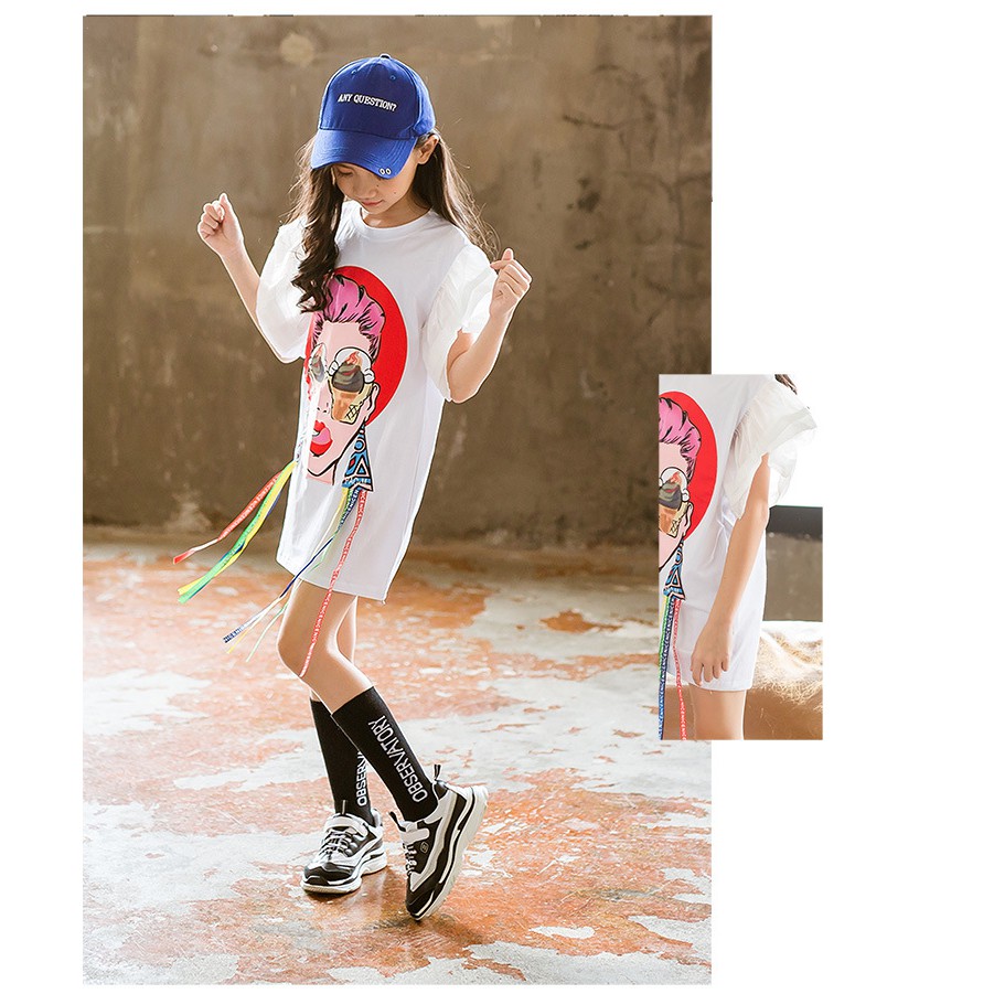 Váy Elsa đầm công chúa Elsa, helokity, Đầm thun cotton in hoạt hình Cô Gái phong cách Hàn Quốc cho bé gái
