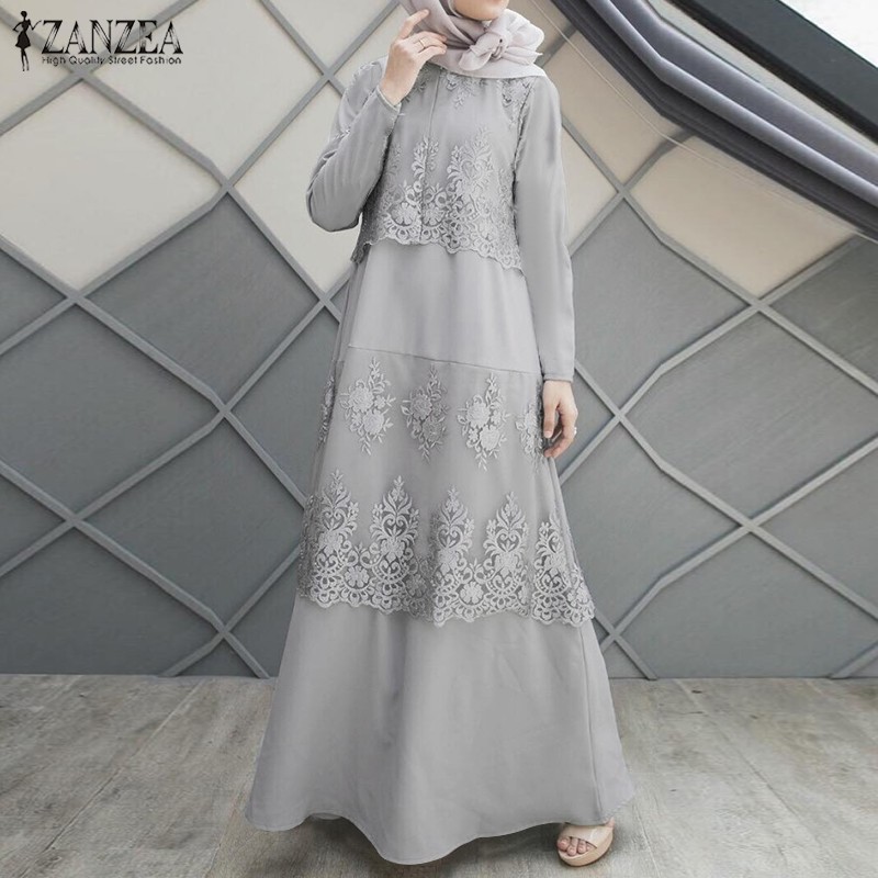 ZANZEA Đầm Tay Dài Phối Ren Thời Trang Cho Phụ Nữ Hồi Giáo Độc Đáo