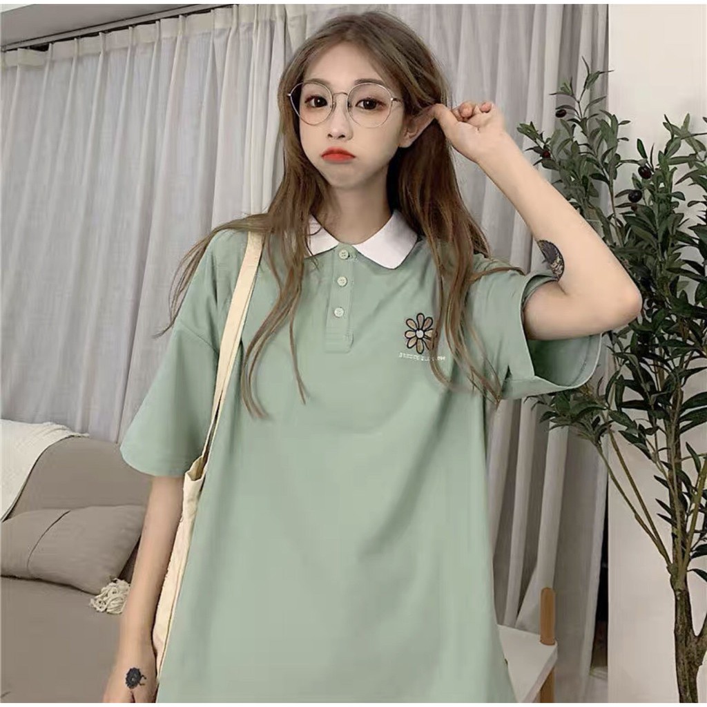 Áo Phông Polo Nữ Thêu Hoa Cúc 🦋 Áo Thun Cotton Cổ Bẻ Cúc Cài 2 Màu Xanh Mint Trắng Unisex