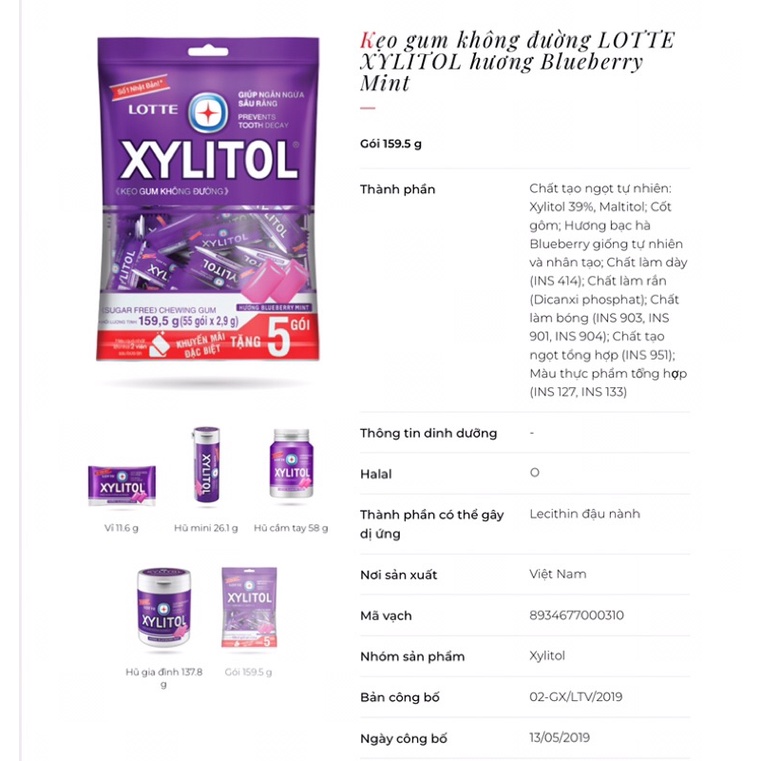 Kẹo Sing-Gum Xylitol vị cool/ bạc hà/ việt quất gói 159.5g (55viênx2.9g)