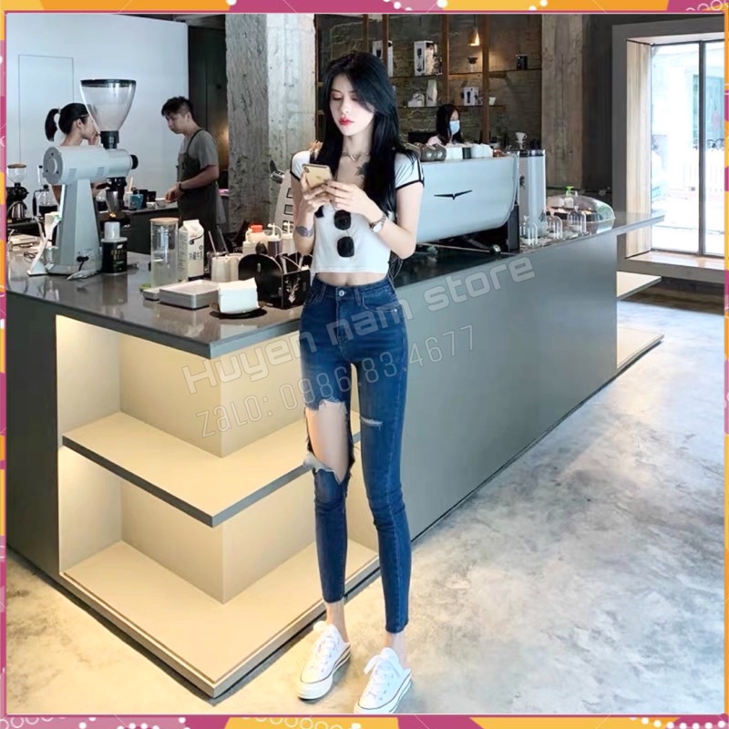 Quần Bò Nữ 🎁FREESHIP🎁 Quần Jean Nữ Xẻ Rách - quần dài 90cm cạp cao ôm dáng