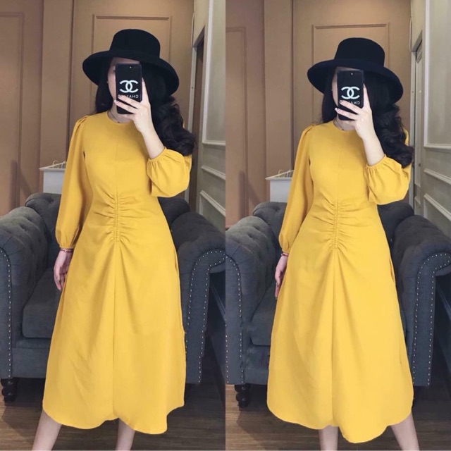 Đầm A tay bồng rút eo
