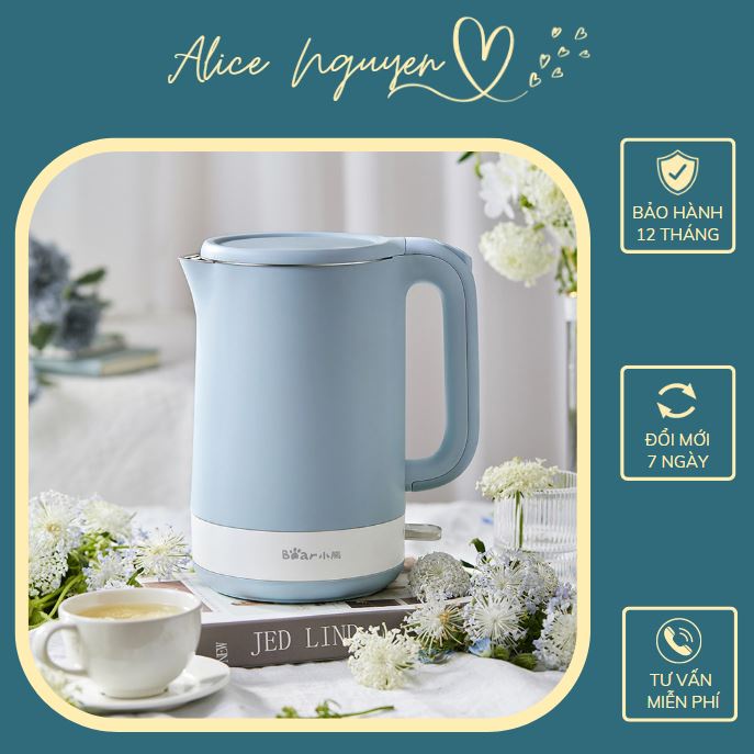 Ấm nước siêu tốc BEAR ZDH-Q15J1 - Bình đun nước lõi INOX304 cao cấp - Dung tích 1.5L - Công suất 1500W - Bảo hành 6 nước