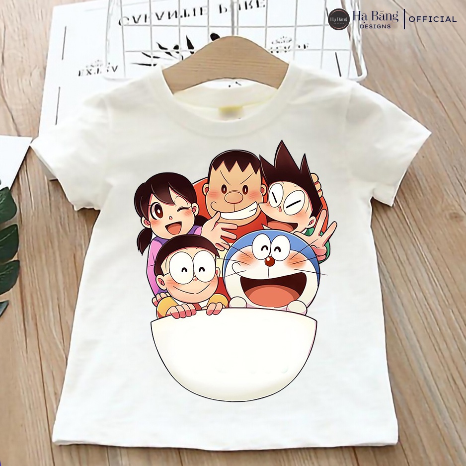Áo thun cho bé tay ngắn vải cotton màu trắng Hạ Băng Designs - Doraemon