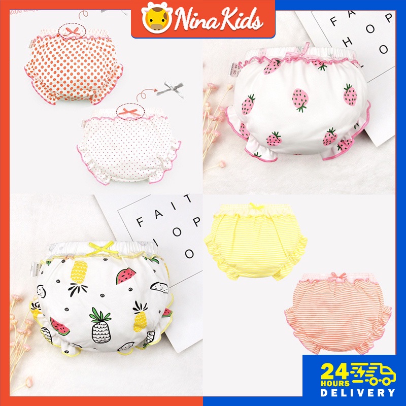Quần lót cotton họa tiết chấm bi/ kẻ sọc/ trái cây/dâu hoạt hình đáng yêu dành cho bé gái 0-4 tuổi