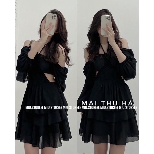 ĐẦM VÁY THIÊN NGA CỔ YẾM HAI DÂY TRỄ VAI CUT OUT HỞ LƯNG DÀI TAY VOAN TƠ TRƠN ĐTNHTY