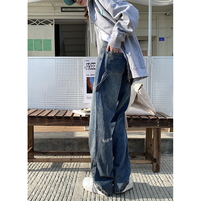 ❁☫Quần Jean Nữ Ống Rộng Lưng Cao Thêu Chữ Phong Cách Thu Đông Mới