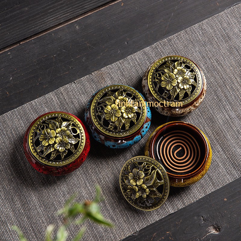 Lư xông trầm hương đỉnh đốt nhang gốm sứ tặng lót đáy + 10 nụ trầm