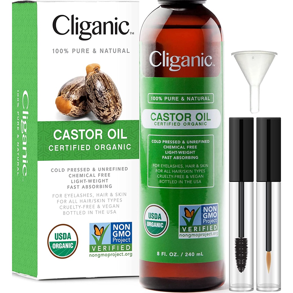 Dầu thầu dầu hữu cơ Cliganic USDA Organic Castor Oil Dùng cho Lông mi, Lông mày, Tóc & Da 100% 240ml