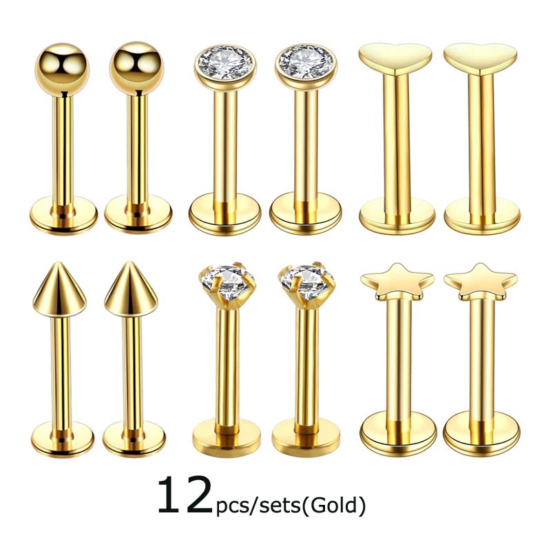 Bộ 12 khuyên môi đính đá độc đáo dài 8mm 15G