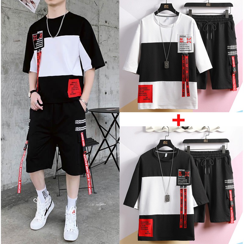 Bộ Quần Áo Thun Nam Cổ Tròn Tay Ngắn Phối Hai Màu Quần Phối Dây Chữ Cá Tính Thời Trang MENFASHION1989 SET NAM 9000039C