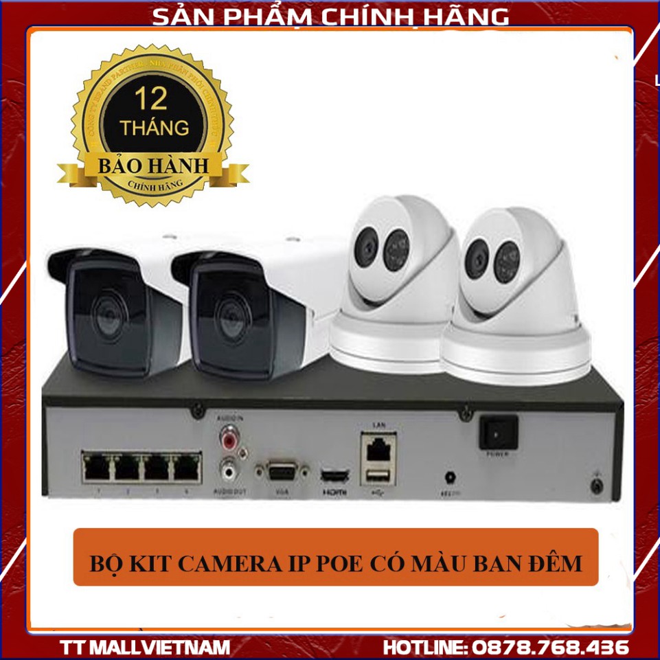 Trọn bộ 4 Camera IP POE 3MP ghi hình 2K có màu ban đêm và đầu ghi hình IP công nghệ POE chuẩn nén H265+ HDD tùy chọn