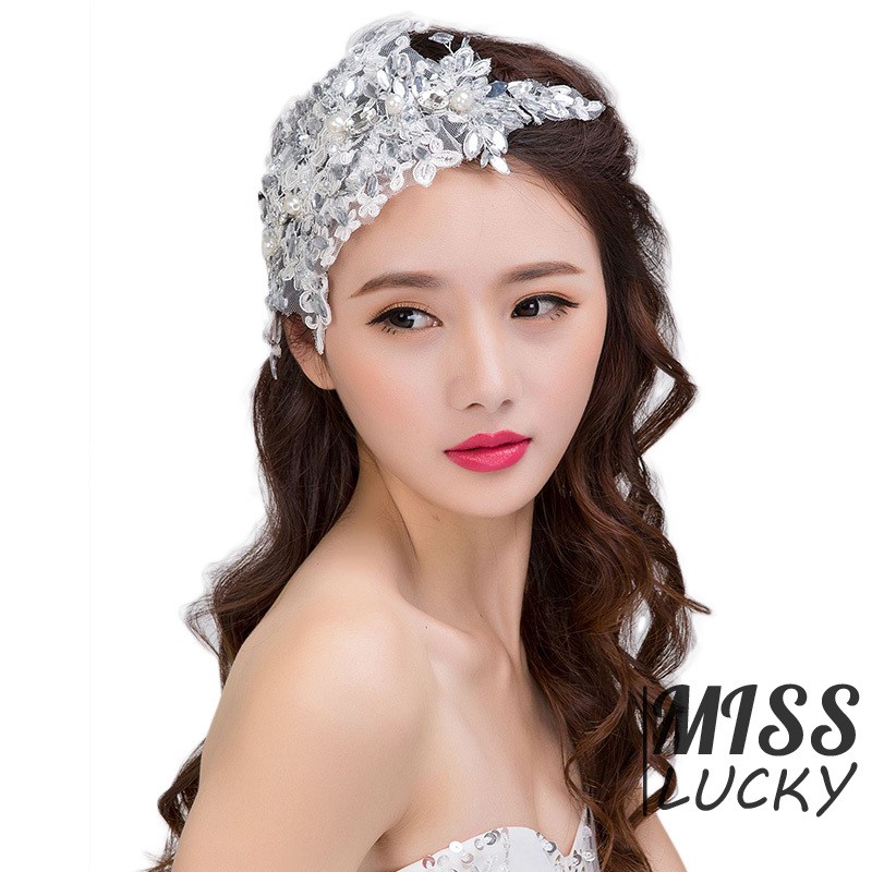 Cài tóc cô dâu dạng dây ruy băng đính ngọc trai thời trang