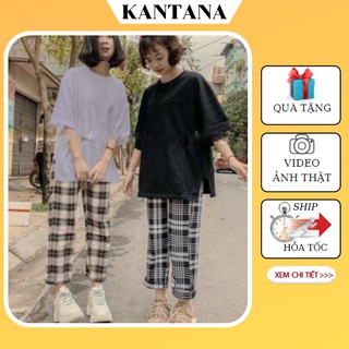 Quần kẻ caro ống suông rộng kẻ nâu, kẻ đen nam nữ Unisex