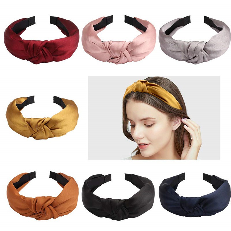 Băng Đô Cài Tóc Bản Rộng Bằng Satin Màu Trơn Thắt Nút Thanh Lịch Nhiều Màu Sắc Cho Nữ