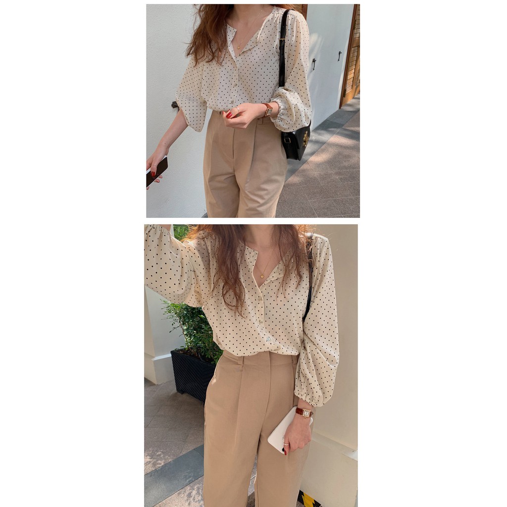 Áo sơ mi kiểu nữ Thiết kế Tay dài Chấm bi Form rộng Cổ tròn Ulzzang Hàn Quốc Áo sơ mi nữ Thiết kế Dài tay Thời trang