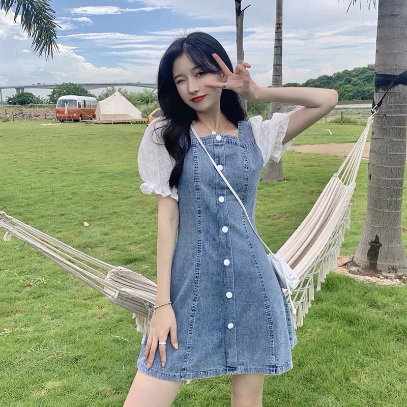 Váy vải bò/ đầm denim ngắn tay, tay bồng, hàng quảng châu loại 1