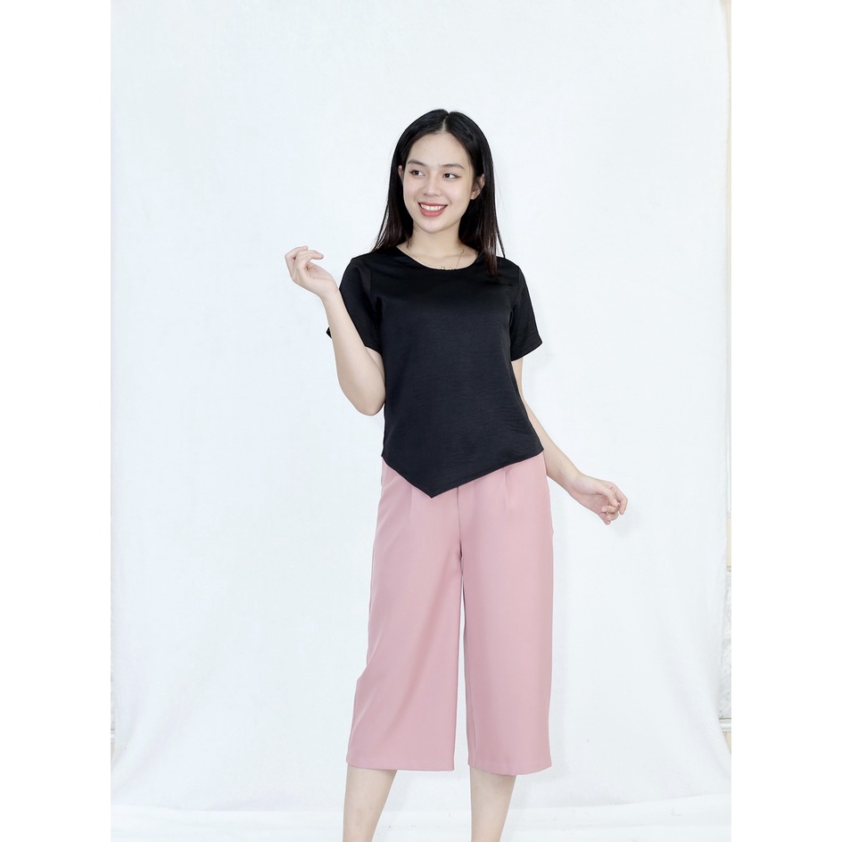 Bộ đồ lửng nữ FR8 ÁO VẠT XÉO QUẦN TÂY HỒNG LƯNG SAU CHUN - Quần vải mango, Áo vải lụa - Nhẹ Nhàng, Dễ Thương