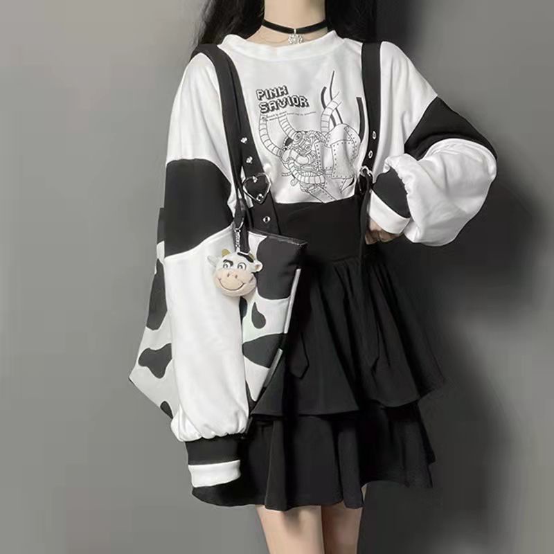 Bộ Áo sweater Màu Hồng Trắng In Hình Trái Tim Cô Gái anime Thiết Kế Đặc Biệt Kèm Váy Dây Đeo Mới Mùa Xuân