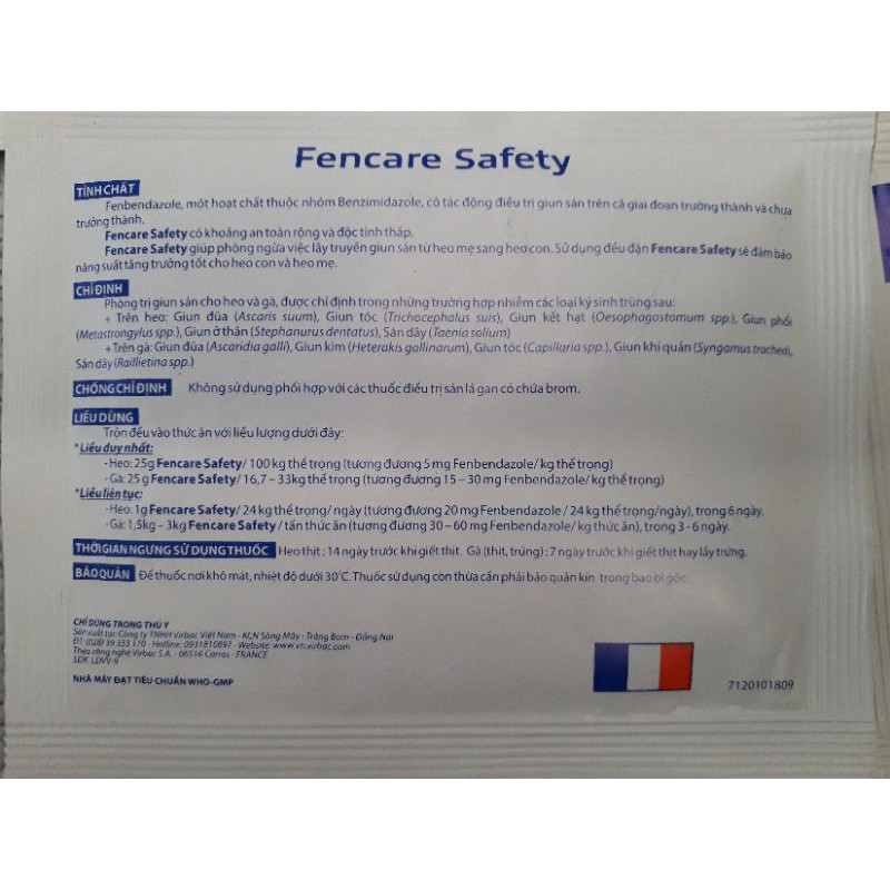 Fencare Safety 25g. Virbac.giun, sán lãi heo gà, thú cưng