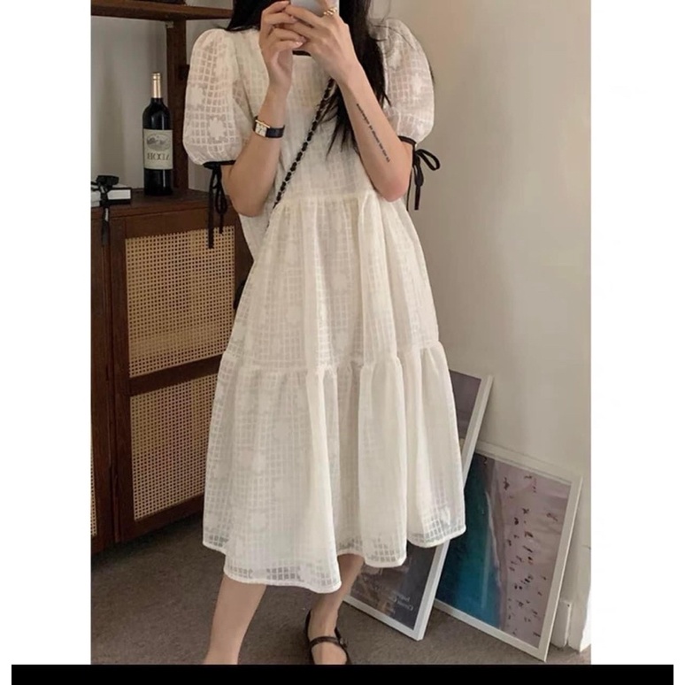 Váy babydoll cộc tay thiếu nữ viền đen dáng xoè bồng bềnh